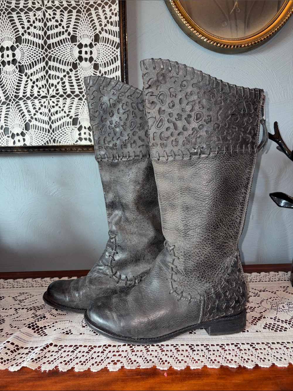 Corral Gray Leather Mid-Calf Heeled Boots with Textured Upper